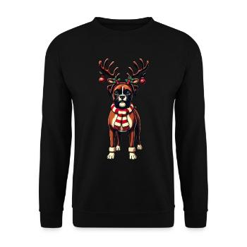 Weihnachtlicher Boxer Hund Mit Rentiergeweih - Unisex Pullover - Schwarz - Vorne - Alina (178cm) & Michal (187cm)