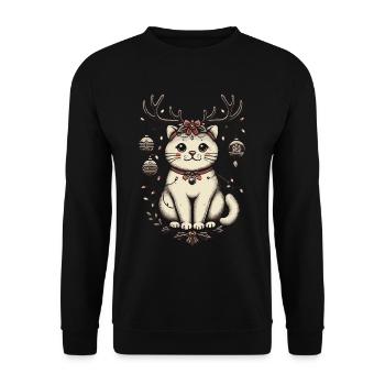 Weihnachtliche Katze Mit Geweih Und Kugeln - Unisex Pullover - Schwarz - Vorne - Alina (178cm) & Michal (187cm)