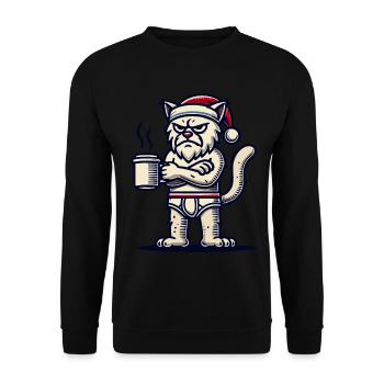 Lustige Mürrische Weihnachtskatze Mit Kaffee - Unisex Pullover - Schwarz - Vorne - Alina (178cm) & Michal (187cm)