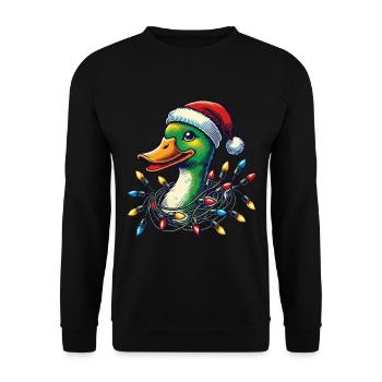 Weihnachten Lustige Ente Mit Lichterkette - Unisex Pullover - Schwarz - Vorne - Alina (178cm) & Michal (187cm)