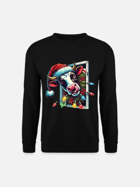 Lustige Weihnachtskuh Mit Lichtern - Unisex Pullover - Schwarz