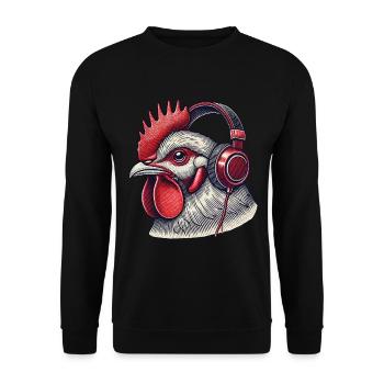 Musik Streetwear Outfit Huhn Mit Kopfhörern - Unisex Pullover - Schwarz - Vorne - Alina (178cm) & Michal (187cm)