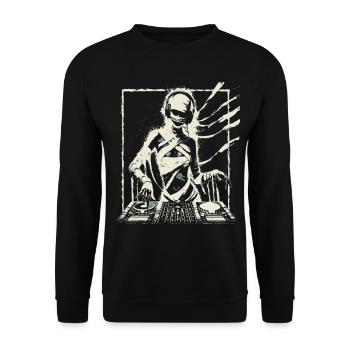 Futuristischer DJ mit Glitch-Effekten. - Unisex Pullover - Schwarz - Vorne - Alina (178cm) & Michal (187cm)