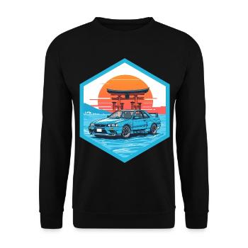 Retro 90er JDM R34 Torii Gate Japan Hex-Emblem - Unisex Pullover - Schwarz - Vorne - Alina (178cm) & Michal (187cm)