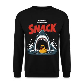 Snack – Hungriger Hai mit bissigem Humor - Unisex Pullover - Schwarz - Vorne - Alina (178cm) & Michal (187cm)