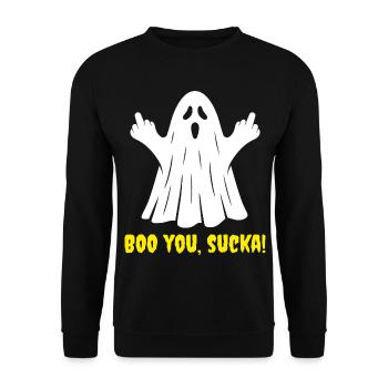 Lustig, buh! Halloween-Geist - Unisex Pullover - Schwarz - Vorne - Alina (178cm) & Michal (187cm)