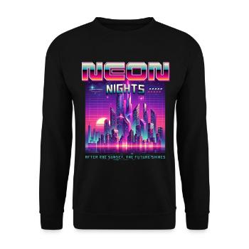 Neon Nights Synthwave Retro 80s Skyline Geschenk - Unisex Pullover - Schwarz - Vorne - Alina (178cm) & Michal (187cm)