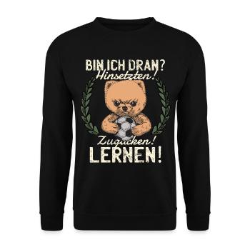 Fußballer Fußball Spruch Hinsetzen! Zugucken! - Unisex Pullover - Schwarz - Vorne - Alina (178cm) & Michal (187cm)