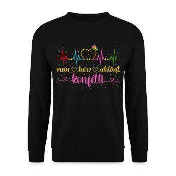 Fasching Herzschlag EKG Mein Herz schlägt Konfetti - Unisex Pullover - Schwarz - Vorne - Alina (178cm) & Michal (187cm)