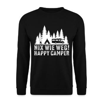 Nix wie weg! happy camper - Unisex Pullover - Schwarz - Vorne - Alina (178cm) & Michal (187cm)