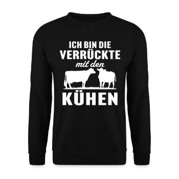 Ich Bin Die Verrückte Mit Den Kühen - Unisex Pullover - Schwarz - Vorne - Alina (178cm) & Michal (187cm)