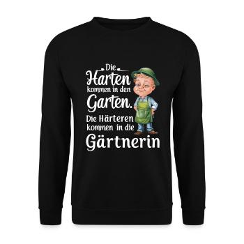 Die Harten kommen in den Garten - Gärtnermotiv - Unisex Pullover - Schwarz - Vorne - Alina (178cm) & Michal (187cm)