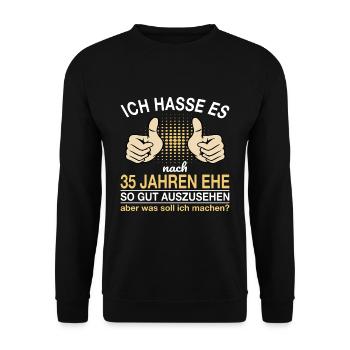 35 Hochzeitstag Leinenhochzeit Geschenk - Unisex Pullover - Schwarz - Vorne - Alina (178cm) & Michal (187cm)