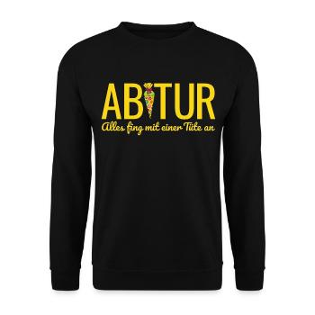 Abitur 2026 Alles fing mit einer Tüte an Abi 2026 - Unisex Pullover - Schwarz - Vorne - Alina (178cm) & Michal (187cm)