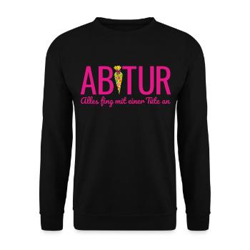 Abi 2026 Alles fing mit einer Tüte an Abitur 2026 - Unisex Pullover - Schwarz - Vorne - Alina (178cm) & Michal (187cm)