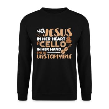 Jesus in ihrem Herzen Cello in der Hand Cellist - Unisex Pullover - Schwarz - Vorne - Alina (178cm) & Michal (187cm)