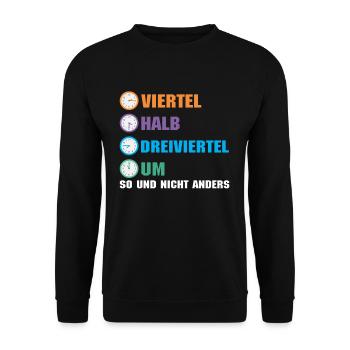 Uhrzeiten in Ostdeutschland Ossi Uhr Viertel Halb - Unisex Pullover - Schwarz - Vorne - Alina (178cm) & Michal (187cm)