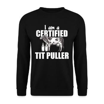 Certified Tit Puller - Kuh Bauer Milch - Unisex Pullover - Schwarz - Vorne - Alina (178cm) & Michal (187cm)