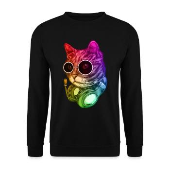 Bunte Musik Katze Kopfhörer Raver Tier - Unisex Pullover - Schwarz - Vorne - Alina (178cm) & Michal (187cm)