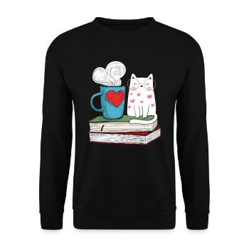 Niedliche Katze und Kaffee Buch Literatur Lesen - Unisex Pullover - Schwarz - Vorne - Alina (178cm) & Michal (187cm)