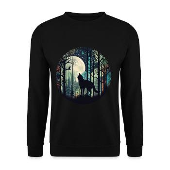 Katze im Wald mit Vollmond, Bäumen - Unisex Pullover - Schwarz - Vorne - Alina (178cm) & Michal (187cm)