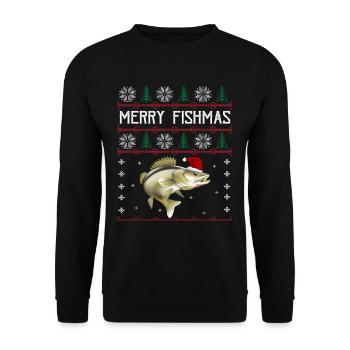 Merry Fishmas Anglershirt Zander Weihnachten - Unisex Pullover - Schwarz - Vorne - Alina (178cm) & Michal (187cm)