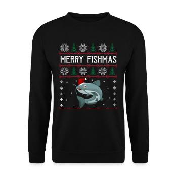 Merry Fishmas Anglershirt Wels Weihnachten - Unisex Pullover - Schwarz - Vorne - Alina (178cm) & Michal (187cm)