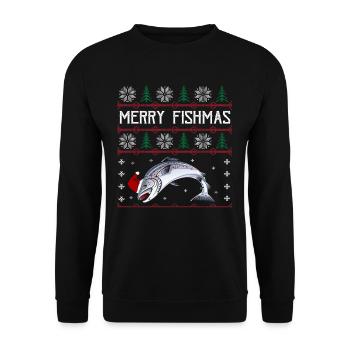 Merry Fishmas Anglershirt Lachs Weihnachten - Unisex Pullover - Schwarz - Vorne - Alina (178cm) & Michal (187cm)