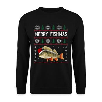 Merry Fishmas Anglershirt Rotbarsch Weihnachten - Unisex Pullover - Schwarz - Vorne - Alina (178cm) & Michal (187cm)
