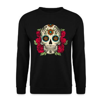 Jour des morts - crâne coloré avec des fleurs - Sweat-shirt Unisexe - noir - Devant - Alina (178cm) & Michal (187cm)