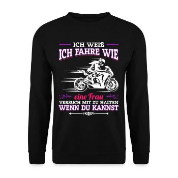 Frauen Motorrad Fahrerin Biker Girl Geschenk - Unisex Pullover - Schwarz - Vorne - Alina (178cm) & Michal (187cm)