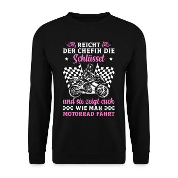 Frauen Motorrad Fahrerin Biker Girl Geschenk - Unisex Pullover - Schwarz - Vorne - Alina (178cm) & Michal (187cm)
