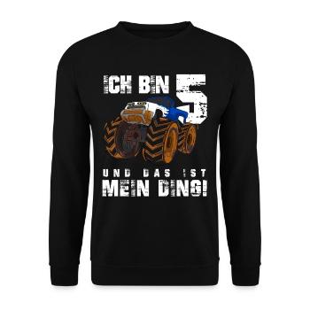 Ich bin 5 und das ist mein Ding, Jungen Geburtstag - Unisex Pullover - Schwarz - Vorne - Alina (178cm) & Michal (187cm)
