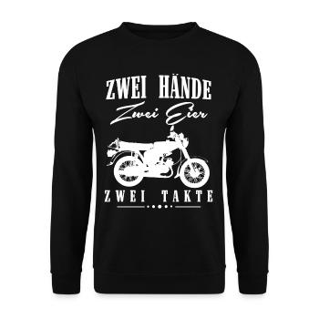 Zwei Hände Zwei Eier Zwei Takte, Simson DDR Moped - Unisex Pullover - Schwarz - Vorne - Alina (178cm) & Michal (187cm)