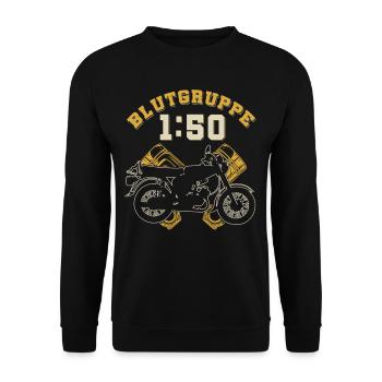 Blutgruppe 1:50 S51,Benzin,Ostalgie, Simson DDR - Unisex Pullover - Schwarz - Vorne - Alina (178cm) & Michal (187cm)