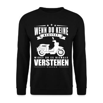 Simson, Simmi, DDR Ostalgie Wenn du keine Besitzt - Unisex Pullover - Schwarz - Vorne - Alina (178cm) & Michal (187cm)