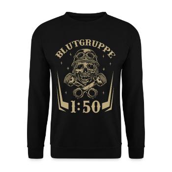 Blutgruppe 1:50 Ostalgie Moped Motorrad DDR Simmi - Unisex Pullover - Schwarz - Vorne - Alina (178cm) & Michal (187cm)