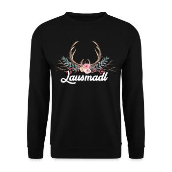 Lausmadl,Geweih Hirsch Bayern,Bayrisch Dialekt - Unisex Pullover - Schwarz - Vorne - Alina (178cm) & Michal (187cm)