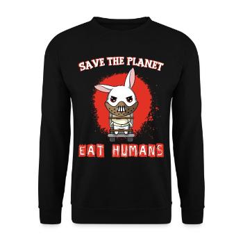 Rette den Planeten Eat Humans Vegetarian - Unisex Pullover - Schwarz - Vorne - Alina (178cm) & Michal (187cm)