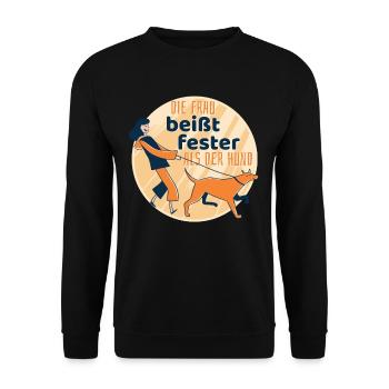 Die Frau Beißt Fester Als Der Hund Lustige Sprüche - Unisex Pullover - Schwarz - Vorne - Alina (178cm) & Michal (187cm)