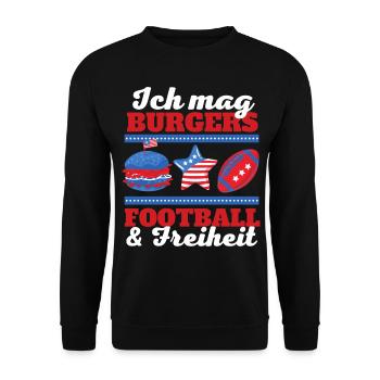 Ich mag Burgers, Football und Freiheit - Unisex Pullover - Schwarz - Vorne - Alina (178cm) & Michal (187cm)