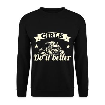 Frauen Motorrad Biker Girl Motorradfahrerin - Unisex Pullover - Schwarz - Vorne - Alina (178cm) & Michal (187cm)