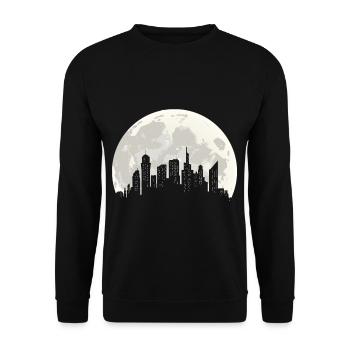 Stadt und Mond Silhouette - Unisex Pullover - Schwarz - Vorne - Alina (178cm) & Michal (187cm)