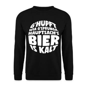 G’hupft wia g’sprunga, Hauptsach’s Bier is kalt. - Unisex Pullover - Schwarz - Vorne - Alina (178cm) & Michal (187cm)
