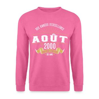 22 Ans Anniversaire Vintage Né(e) en Août 2000 - Sweat-shirt Unisexe - rose - Devant