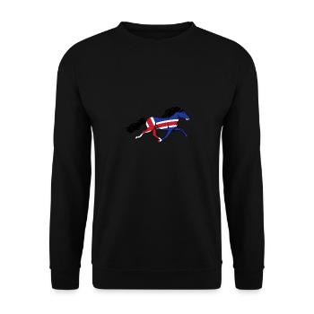 Islandpferd im Rennpass Islandflagge Grafik - Unisex Pullover - Schwarz - Vorne - Alina (178cm) & Michal (187cm)