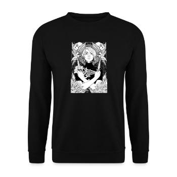 Frau mit Dolchen, Schädeln und Dahlien - Unisex Pullover - Schwarz - Vorne - Alina (178cm) & Michal (187cm)