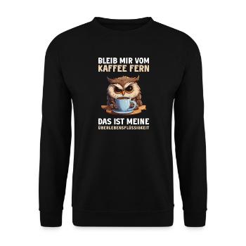 Lustige Eule Kaffee Eulen Kaffeeliebhaber Spruch - Unisex Pullover - Schwarz - Vorne - Alina (178cm) & Michal (187cm)