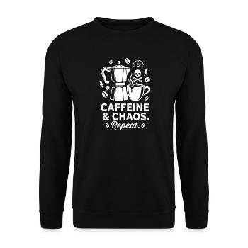 Kaffeechaos: Mokka, Schädel & Repeat - Unisex Pullover - Schwarz - Vorne - Alina (178cm) & Michal (187cm)