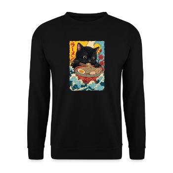 Süße Katze isst Ramen - Unisex Pullover - Schwarz - Vorne - Alina (178cm) & Michal (187cm)